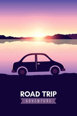 Gün batımı vektör ilülasyonunda yol macerası araba silueti göl kenarında