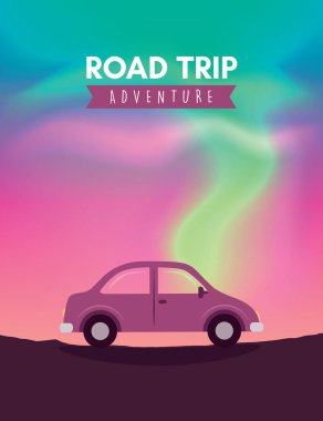 Kutup ışıkları üzerinde yolculuk macera arabası renkli gökyüzü arkaplan vektör çizimi