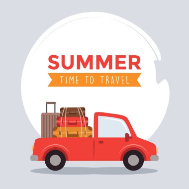 Valizli araba yaz tatili konsept vektör çizimi