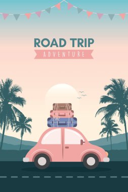 Tropikal manzara vektör illüstrasyonu üzerine vahşi araba yolculuğu macerası.