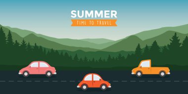 Dağ manzarası illüstrasyonunda arabalar yolda gidiyor.