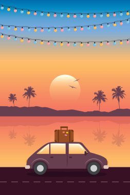 Tropikal manzara vektör illüstrasyonunda yolculuk macera arabası