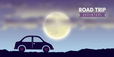 Gece vektör çiziminde yol macerası araba silueti