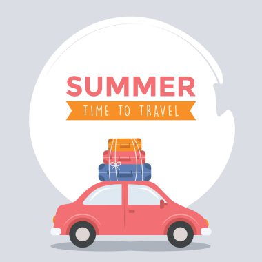 Valizli araba yaz tatili konsept vektör çizimi