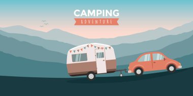 Kamp macera arabası ve karavan doğa vektör illüstrasyonu