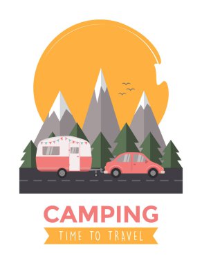 Karavan vektör illüstrasyonuyla kamp tatili