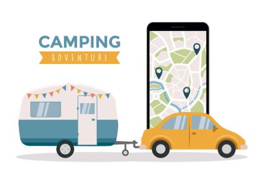 akıllı telefon vektör illüstrasyonunda araba ve sokak haritası ile kamp macerası konsepti