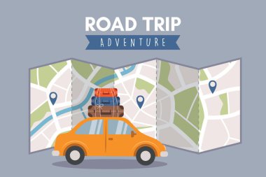 Araba ve sokak haritası çizimi ile yolculuk macerası konsepti
