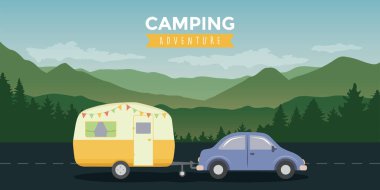 Kamp macera arabası ve karavan doğa vektör illüstrasyonu