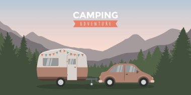 Kamp macera arabası ve karavan doğa vektör illüstrasyonu