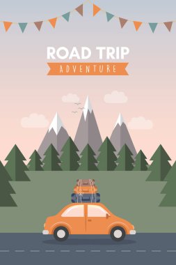 Dağ manzarası illüstrasyonunda vahşi araba yolculuğu macerası.