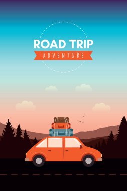 Dağ manzarası illüstrasyonunda vahşi araba yolculuğu macerası.