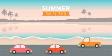 Plaj vektör illüstrasyonunda arabalar yolda gidiyor.