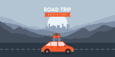 Dağ manzarası illüstrasyonunda vahşi araba yolculuğu macerası.