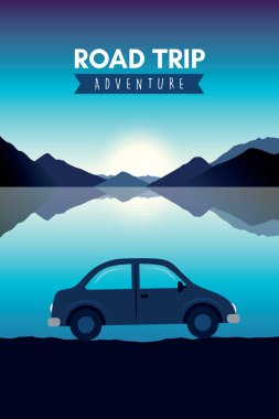 Deniz ve dağ arkası vektör illüstrasyonunda yolculuk aracı