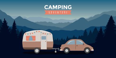 Kamp macera arabası ve karavan doğa vektör illüstrasyonu