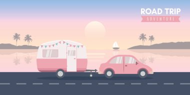 Tropikal manzara vektör illüstrasyonunda yolculuk karavanı