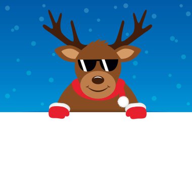 Mavi karlı arka plan çiziminde güneş gözlüklü mutlu sevimli geyik.
