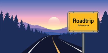 Dağ manzarası illüstrasyonunda ormanda yolculuk macerası