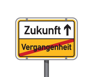 Almanca sözcüklerle dolu sarı trafik işareti gelecek ve izole edilmiş vektör çizimi