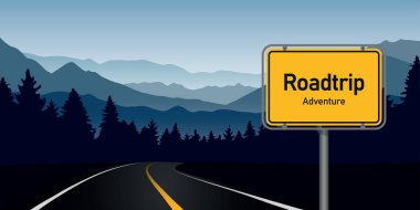 Dağ manzarası illüstrasyonunda ormanda yolculuk macerası