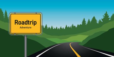 Dağ manzarası illüstrasyonunda ormanda yolculuk macerası