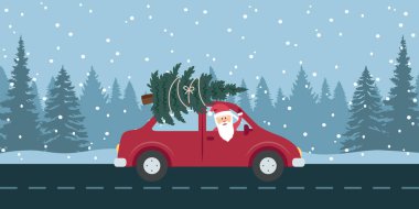 Karlı kış manzarası illüstrasyonunda kırmızı araba ve Noel ağacı olan Noel Baba sürücüsü