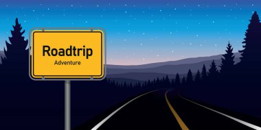 Dağ manzarası illüstrasyonunda ormanda yolculuk macerası