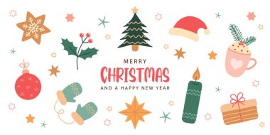 Süslü Noel tebrik kartı. Kış elementleri izole edilmiş vektör illüstrasyonu.