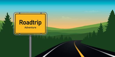 Dağ manzarası illüstrasyonunda ormanda yolculuk macerası