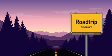 Dağ manzarası illüstrasyonunda ormanda yolculuk macerası