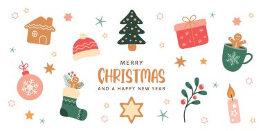 Süslü Noel tebrik kartı. Kış elementleri izole edilmiş vektör illüstrasyonu.