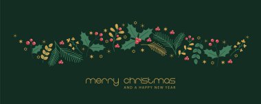 Çiçekli Noel tebrik kartı ve Holly Berry dalga dekorasyon vektörü illüstrasyonu.