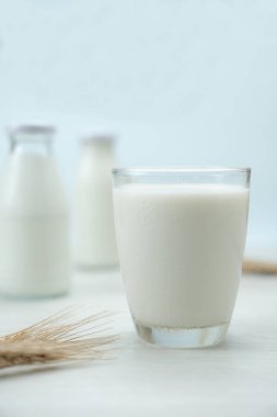 Mavi arka planda bir bardak süt, kopyalama alanı olan tarım süt ürünleri kavramı.