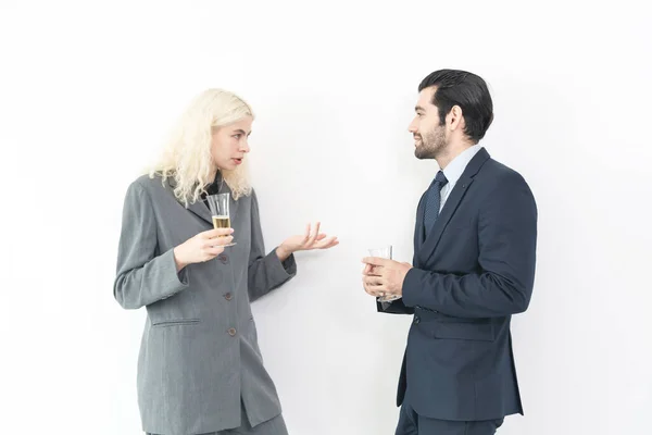 Businessman Businesswoman Wearing Suit Drinking Champagne Celebrate Success Investment Agreement — Stock Photo, Image