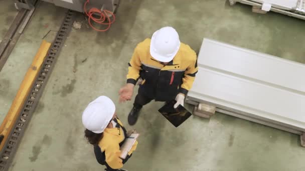安全ヘルメットを身に着けている男性および女性エンジニアは産業工場 上の眺めの機械類を点検します — ストック動画