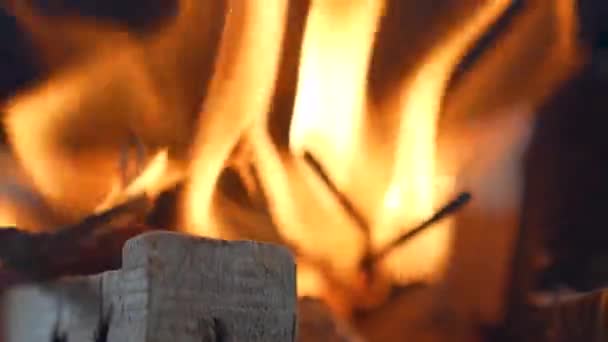 Nahaufnahme Schuss Flamme Gemütlicher Entspannender Kamin Brennendes Lagerfeuer Mit Holzstämmen — Stockvideo