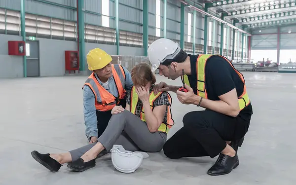 Female engineer in industrial factory hand touching head she\'s feeling depressed stress headache,Male engineer and co-worker are helping.