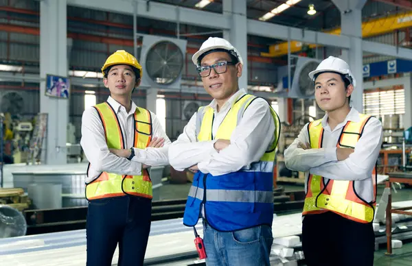 Portrait Team of Asian male engineers and technicians in safety helmets and wearing safety vests standing with arms crossed in the factory.