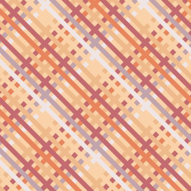 Şeftali, turuncu ve mor tonlarında kesişen çizgilerle çapraz ızgara deseni, retro, soyut bir tasarım yaratıyor..