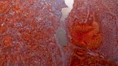 Yüksek Akıcı Akışkan Boyama. Dalgalanan parıltılı yüzey. Güzel metalik pembe, mor, leylak desenli yakın plan boya. Sıvı ağır çekim sanatı. Renkli Kaos Türbülansı. Soyut Renkli Tasarım.