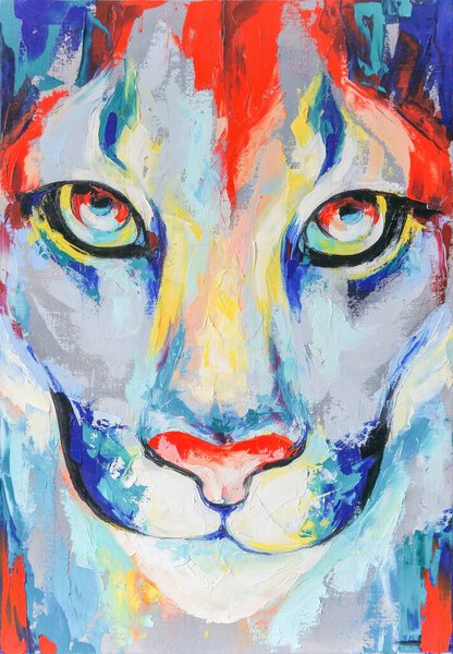 Cougar portrait painted in oil. The muzzle of a puma with big eyes is painted in oil and palette knife on canvas.