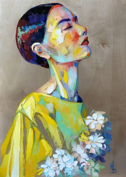 Retrato Abstracto Una Niña Con Flores Retrato Una Chica Perfil — Foto de Stock