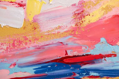 Parça. Çok renkli desenli boya. Soyut sanat geçmişi. Tuval üzerine yağ. Sert fırça darbeleri. Yağlı boya ve palet bıçağıyla yapılmış bir resmin yakın çekimi. Yüksek desenli, yüksek kaliteli detaylar.