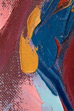 Çok renkli desenli boya. Soyut sanat geçmişi. Tuval üzerine yağ. Sert fırça darbeleri. Yağlı boya ve palet bıçağıyla yapılmış bir resmin yakın çekimi. Yüksek desenli, yüksek kaliteli detaylar.