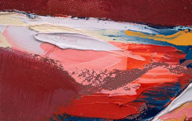 Çok renkli desenli boya. Soyut sanat geçmişi. Tuval üzerine yağ. Sert fırça darbeleri. Yağlı boya ve palet bıçağıyla yapılmış bir resmin yakın çekimi. Yüksek desenli, yüksek kaliteli detaylar.