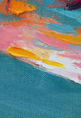 Renkli doku resminin bir parçası. Soyut sanat geçmişi. Tuval üzerine yağ. Sert fırça darbeleri. Yağlı boya ve palet bıçağıyla yapılmış bir resmin yakın çekimi. Yüksek desenli, yüksek kaliteli detaylar.