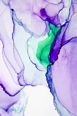 Resim alkol mürekkebiyle boyanmış. Şeffaf mürekkep renkleriyle yaratılmış yaratıcı soyut sanat eserleri. Moda duvar kâğıdı. Soyut resim, duvar kağıtları, posterler ve web siteleri için arka plan olarak kullanılabilir.