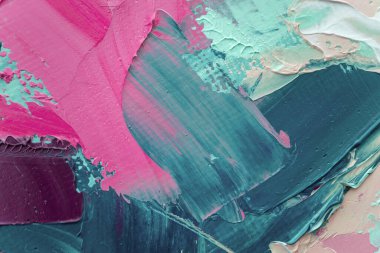 Tamamlayıcı renkler. Yağlı fırça darbesiyle, palet bıçağıyla tuvale boyanmış, soyut, renkli resim dokusu..