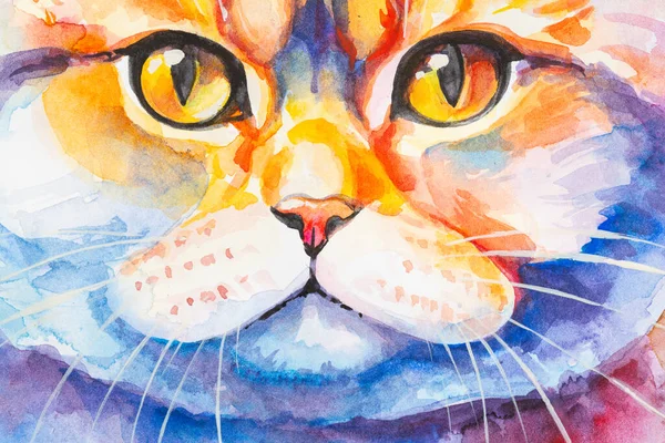 Portrait fragment British Shorthair Cat painted in watercolor on a white background in a realistic manner, colorful, rainbow. Ideal for teaching materials, books and nature-themed designs.